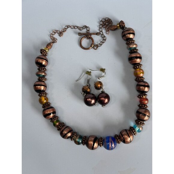 Copper Blue Green Orange Venetian Glass Beaded Necklace & Earrings Set - Picture 6 of 10